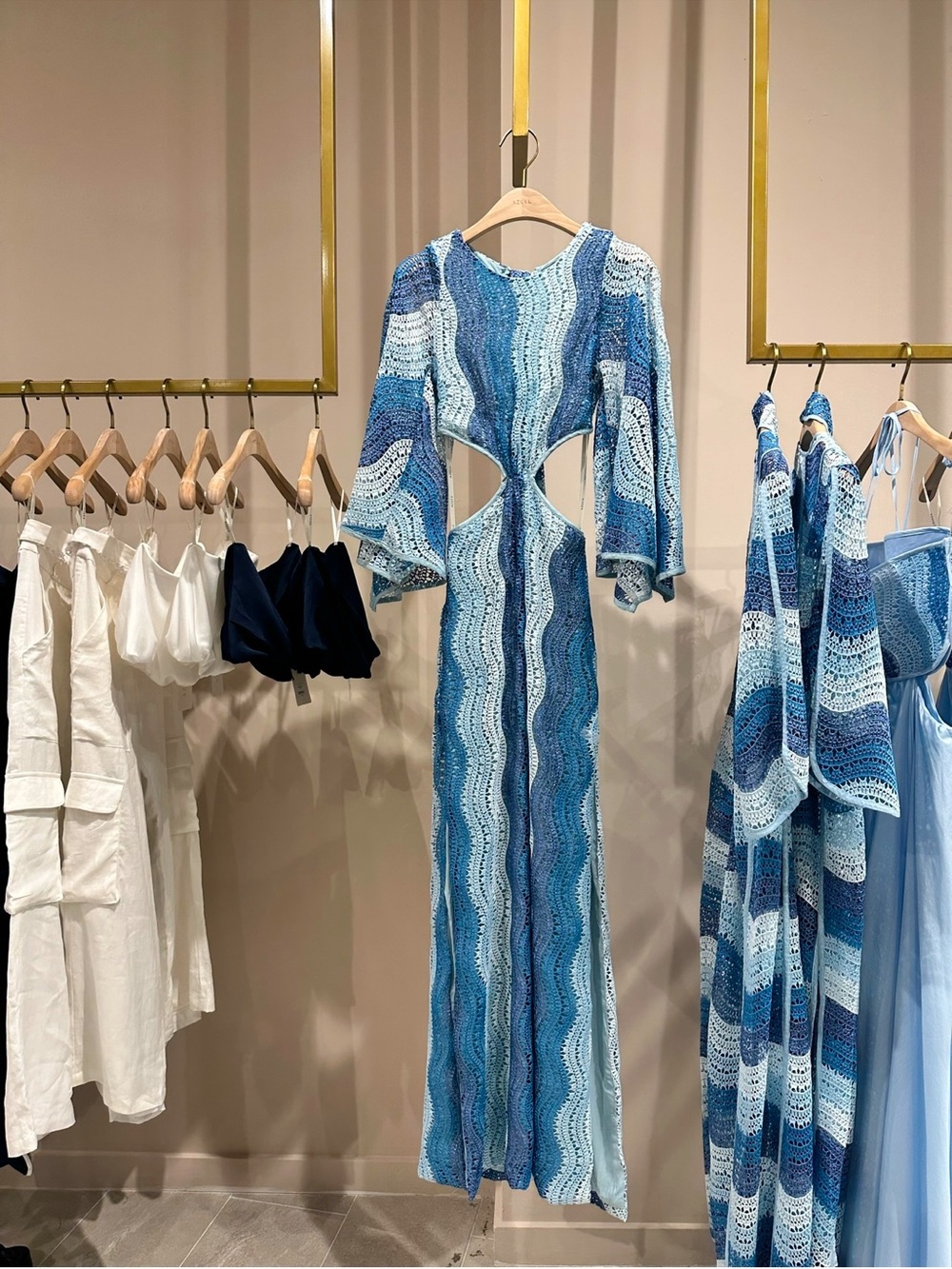 Blue Crochet Backless Maxi Dress with Cutout Waist